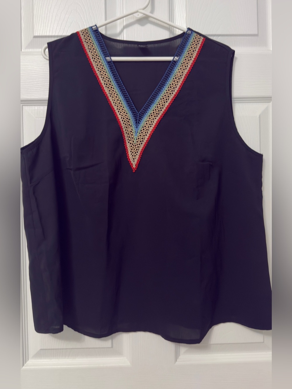 SHEIN Black Sleeveless V-Neck Tank with Multicolor Embroidered Trim
